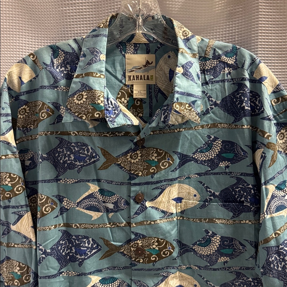 KAHALA Hawaiian Shirt Cotton Blue Pocket Fish Floral Sz XL - Picture 7 of 11